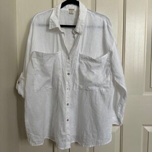 Magaschoni 100% Linen‎ White Button-Down Shirt - Long Roll-Tab Sleeve - Size M